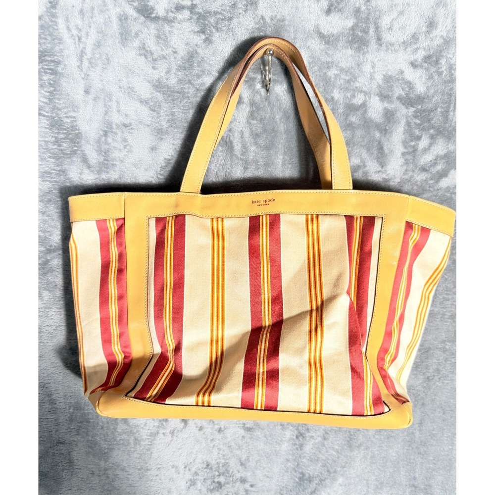 Kate Spade New York Tote Bag‎ Striped Cream Red Gold Leather Trim Bag